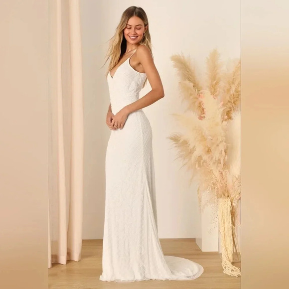 Lulu's Bridal Cherished Vow White Beaded Backless Mermaid Maxi Dress Bride Party - Picture 4 of 12